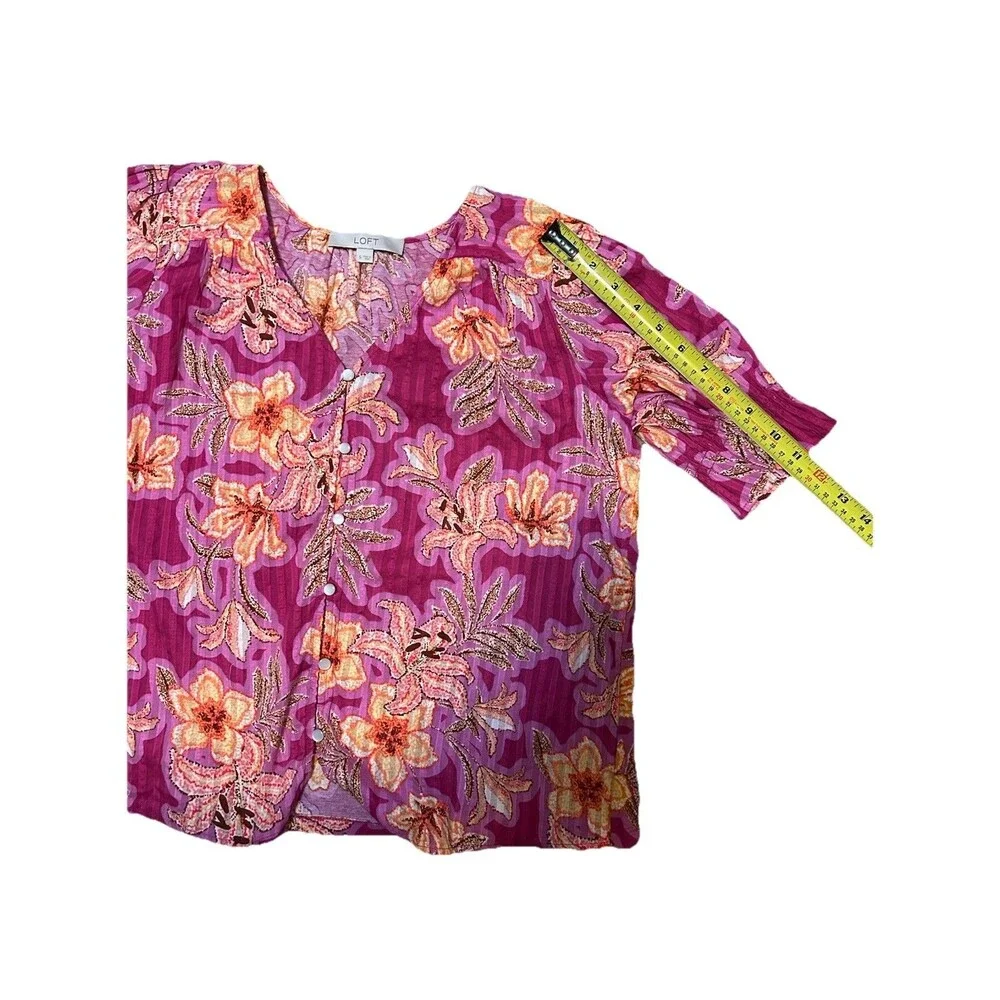 Loft Blouse Pink Orange Tropical Lilly Print Button Up Resort Vacation Sleeve